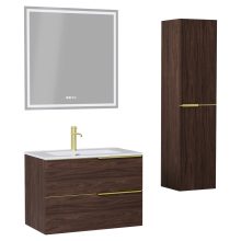 HD Cremona Matt Hazel 60 komplett fürdőszoba bútor szett fali mosdószekrénnyel, szálcsiszolt arany fogantyúkkal, fényes fehér slim mosdóval, tükörrel és magasszekrénnyel