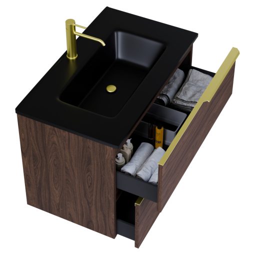 HD Cremona Matt Hazel 60 fali mosdószekrény szálcsiszolt arany fogantyúkkal és matt fekete slim mosdóval