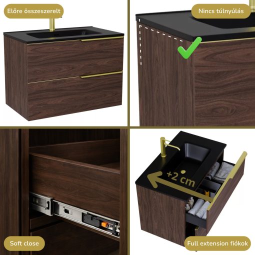 HD Cremona Matt Hazel 60 fali mosdószekrény szálcsiszolt arany fogantyúkkal és matt fekete slim mosdóval