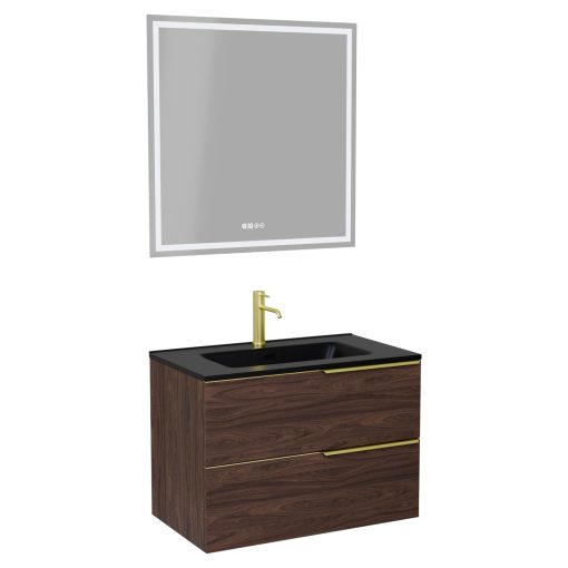 HD Cremona Matt Hazel 60 komplett fürdőszoba bútor fali mosdószekrénnyel, szálcsiszolt arany fogantyúkkal, matt fekete slim mosdóval és tükörrel