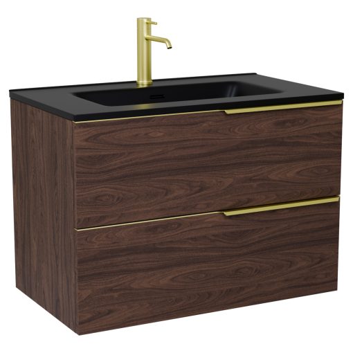 HD Cremona Matt Hazel 60 komplett fürdőszoba bútor fali mosdószekrénnyel, szálcsiszolt arany fogantyúkkal, matt fekete slim mosdóval és tükörrel