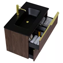 HD Cremona Matt Hazel 60 komplett fürdőszoba bútor szett fali mosdószekrénnyel, szálcsiszolt arany fogantyúkkal, matt fekete slim mosdóval, tükörrel és magasszekrénnyel