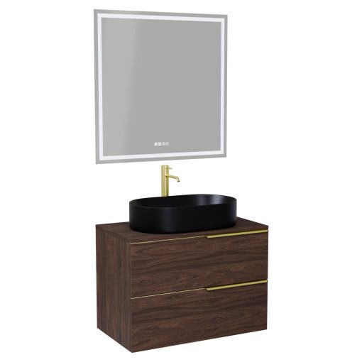 HD Carona Matt Hazel 60 komplett fürdőszoba bútor fali mosdószekrénnyel, szálcsiszolt arany fogantyúkkal, mogyoró színű mosdópulttal és tükörrel