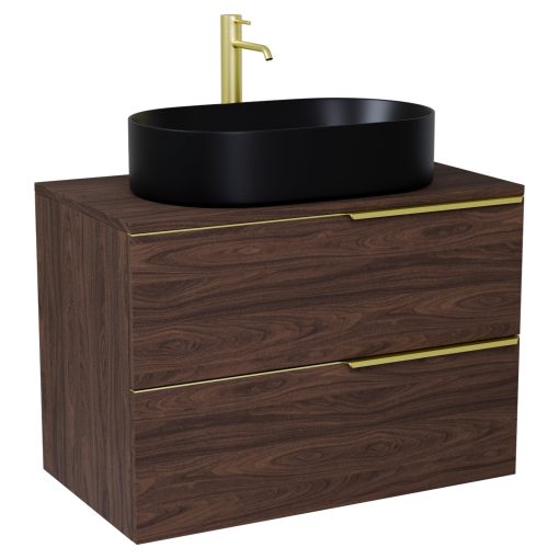 HD Carona Matt Hazel 60 komplett fürdőszoba bútor fali mosdószekrénnyel, szálcsiszolt arany fogantyúkkal, mogyoró színű mosdópulttal és tükörrel