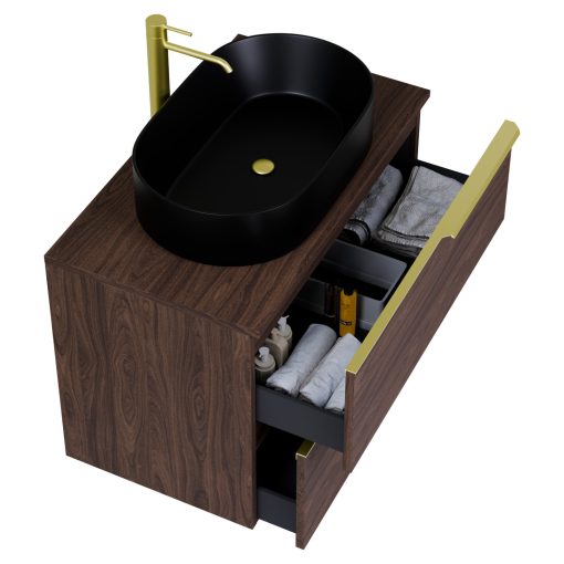 HD Carona Matt Hazel 60 komplett fürdőszoba bútor fali mosdószekrénnyel, szálcsiszolt arany fogantyúkkal, mogyoró színű mosdópulttal és tükörrel