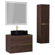 HD Carona Matt Hazel 60 komplett fürdőszoba bútor szett fali mosdószekrénnyel, szálcsiszolt arany fogantyúkkal, mogyoró színű mosdópulttal, tükörrel és magasszekrénnyel
