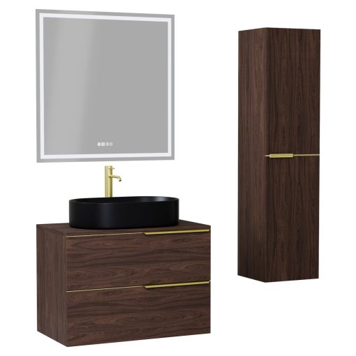 HD Carona Matt Hazel 60 komplett fürdőszoba bútor szett fali mosdószekrénnyel, szálcsiszolt arany fogantyúkkal, mogyoró színű mosdópulttal, tükörrel és magasszekrénnyel