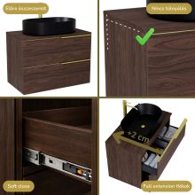 HD Carona Matt Hazel 60 komplett fürdőszoba bútor szett fali mosdószekrénnyel, szálcsiszolt arany fogantyúkkal, mogyoró színű mosdópulttal, tükörrel és magasszekrénnyel