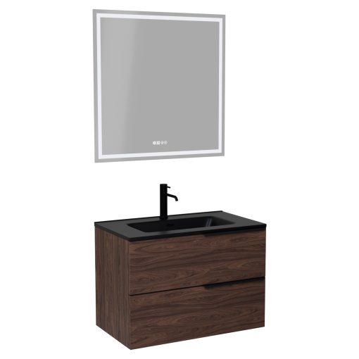 HD Cremona Matt Hazel 60 komplett fürdőszoba bútor fali mosdószekrénnyel, matt fekete fogantyúkkal, matt fekete slim mosdóval és tükörrel