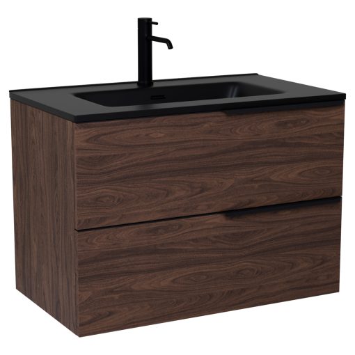 HD Cremona Matt Hazel 60 komplett fürdőszoba bútor szett fali mosdószekrénnyel, matt fekete fogantyúkkal, matt fekete slim mosdóval, tükörrel és magasszekrénnyel