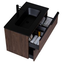 HD Cremona Matt Hazel 60 komplett fürdőszoba bútor szett fali mosdószekrénnyel, matt fekete fogantyúkkal, matt fekete slim mosdóval, tükörrel és magasszekrénnyel