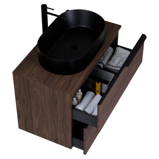 HD Carona Matt Hazel 60/80 fali mosdószekrény mogyoró színű mosdópulttal és matt fekete fogantyúkkal