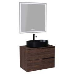   HD Carona Matt Hazel 60/80 komplett fürdőszoba bútor fali mosdószekrénnyel, matt fekete fogantyúkkal, mogyoró színű mosdópulttal és tükörrel