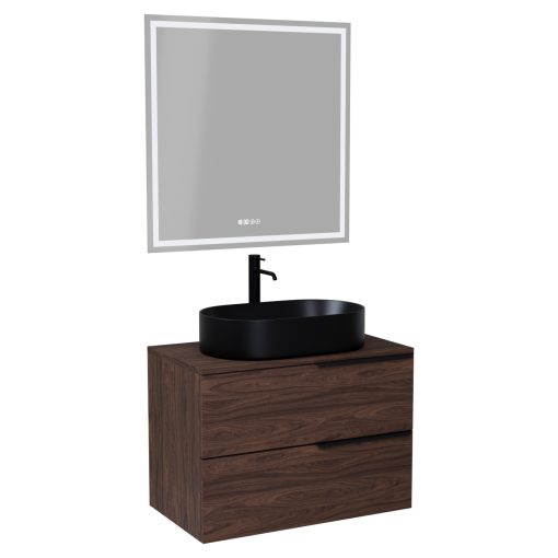 HD Carona Matt Hazel 60/80 komplett fürdőszoba bútor fali mosdószekrénnyel, matt fekete fogantyúkkal, mogyoró színű mosdópulttal és tükörrel