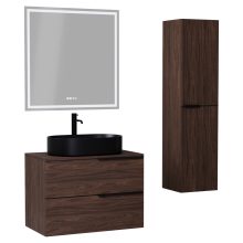 HD Carona Matt Hazel 60/80 komplett fürdőszoba bútor szett fali mosdószekrénnyel, matt fekete fogantyúkkal, mogyoró színű mosdópulttal, tükörrel és magasszekrénnyel