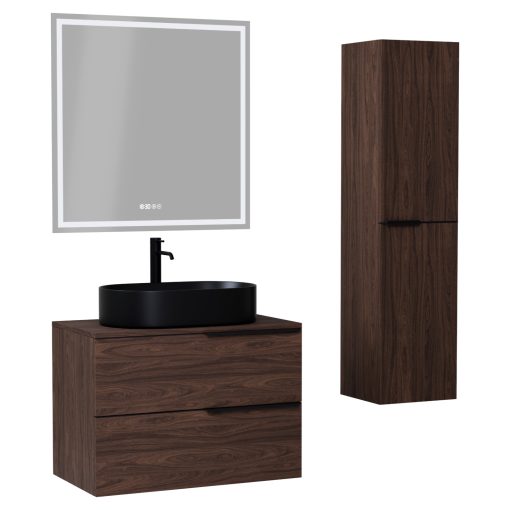 HD Carona Matt Hazel 60/80 komplett fürdőszoba bútor szett fali mosdószekrénnyel, matt fekete fogantyúkkal, mogyoró színű mosdópulttal, tükörrel és magasszekrénnyel
