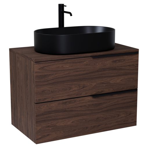 HD Carona Matt Hazel 60/80 komplett fürdőszoba bútor szett fali mosdószekrénnyel, matt fekete fogantyúkkal, mogyoró színű mosdópulttal, tükörrel és magasszekrénnyel