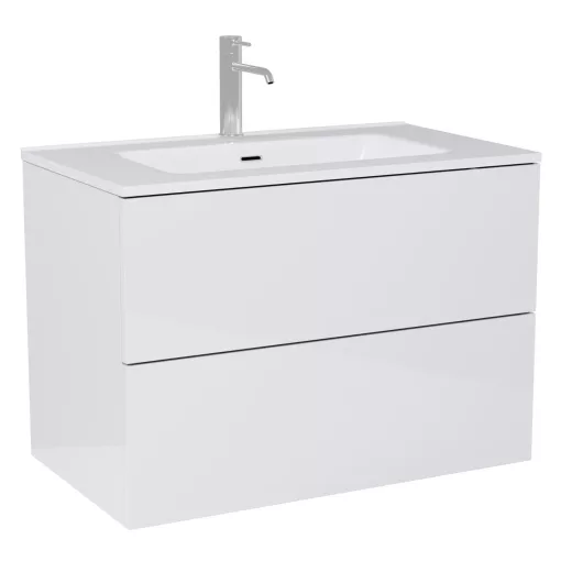 HD Aria Pro Lacquer White 60 komplett fürdőszoba bútor fali push-to-open mosdószekrénnyel, fényes fehér slim mosdóval és tükörrel