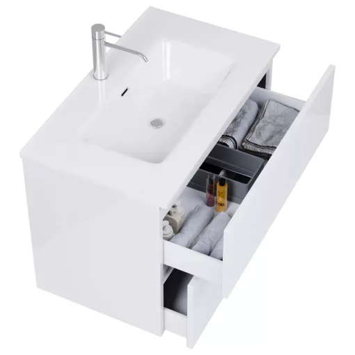 HD Aria Pro Lacquer White 60 komplett fürdőszoba bútor fali push-to-open mosdószekrénnyel, fényes fehér slim mosdóval és tükörrel