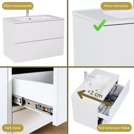 HD Aria Pro Lacquer White 60 komplett fürdőszoba bútor fali push-to-open mosdószekrénnyel, fényes fehér slim mosdóval és tükörrel