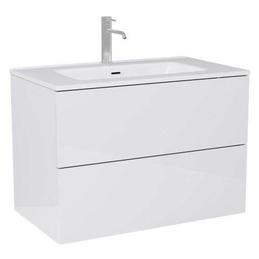 HD Aria Pro Lacquer White 60 komplett fürdőszoba bútor szett fali push-to-open mosdószekrénnyel, fényes fehér slim mosdóval, tükörrel és magasszekrénnyel