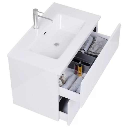 HD Aria Pro Lacquer White 60 komplett fürdőszoba bútor szett fali push-to-open mosdószekrénnyel, fényes fehér slim mosdóval, tükörrel és magasszekrénnyel