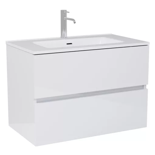 HD Aria Lacquer White 60 komplett fürdőszoba bútor szett fali mosdószekrénnyel, fényes fehér slim mosdóval, tükörrel és magasszekrénnyel