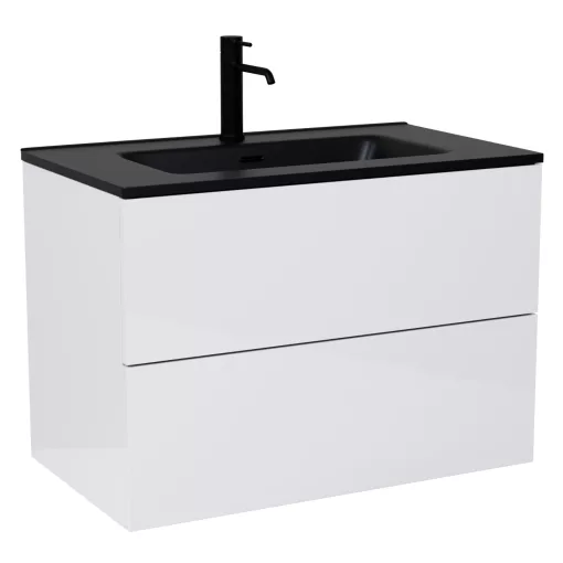 HD Aria Pro Lacquer White 60 fali mosdószekrény, push-to-open mechanizmussal, matt fekete slim mosdóval