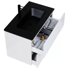 HD Aria Pro Lacquer White 60 fali mosdószekrény, push-to-open mechanizmussal, matt fekete slim mosdóval