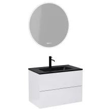 HD Aria Pro Lacquer White 60 komplett fürdőszoba bútor fali push-to-open mosdószekrénnyel, matt fekete slim mosdóval és tükörrel