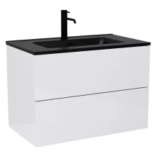 HD Aria Pro Lacquer White 60 komplett fürdőszoba bútor fali push-to-open mosdószekrénnyel, matt fekete slim mosdóval és tükörrel