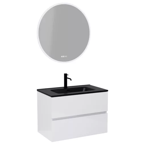 HD Aria Lacquer White 60 komplett fürdőszoba bútor fali mosdószekrénnyel, matt fekete slim mosdóval és tükörrel