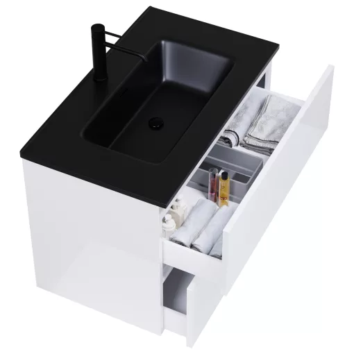 HD Aria Lacquer White 60 komplett fürdőszoba bútor fali mosdószekrénnyel, matt fekete slim mosdóval és tükörrel