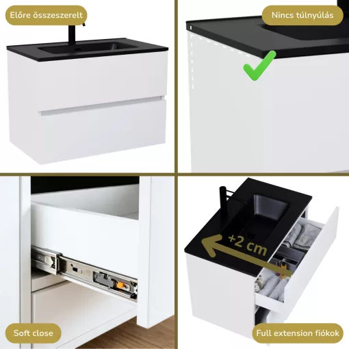 HD Aria Lacquer White 60 komplett fürdőszoba bútor fali mosdószekrénnyel, matt fekete slim mosdóval és tükörrel