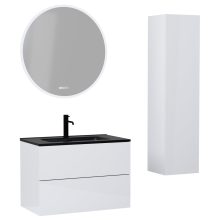 HD Aria Pro Lacquer White 60 komplett fürdőszoba bútor szett fali push-to-open mosdószekrénnyel, matt fekete slim mosdóval, tükörrel és magasszekrénnyel