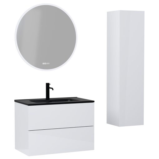 HD Aria Pro Lacquer White 60 komplett fürdőszoba bútor szett fali push-to-open mosdószekrénnyel, matt fekete slim mosdóval, tükörrel és magasszekrénnyel