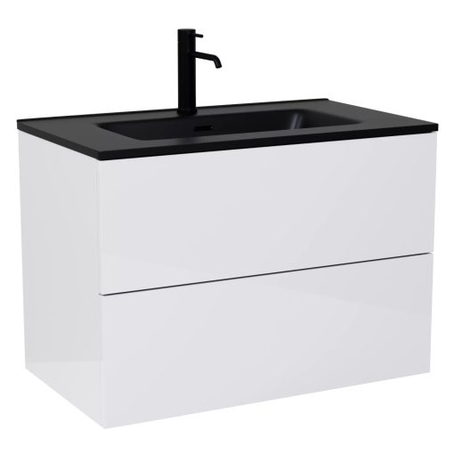 HD Aria Pro Lacquer White 60 komplett fürdőszoba bútor szett fali push-to-open mosdószekrénnyel, matt fekete slim mosdóval, tükörrel és magasszekrénnyel