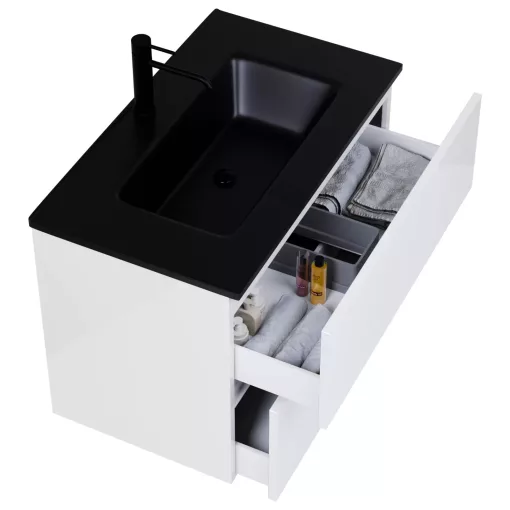 HD Aria Pro Lacquer White 60 komplett fürdőszoba bútor szett fali push-to-open mosdószekrénnyel, matt fekete slim mosdóval, tükörrel és magasszekrénnyel