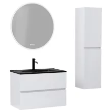 HD Aria Lacquer White 60 komplett fürdőszoba bútor szett fali mosdószekrénnyel, matt fekete slim mosdóval, tükörrel és magasszekrénnyel