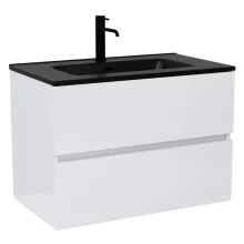 HD Aria Lacquer White 60 komplett fürdőszoba bútor szett fali mosdószekrénnyel, matt fekete slim mosdóval, tükörrel és magasszekrénnyel