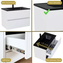 HD Aria Lacquer White 60 komplett fürdőszoba bútor szett fali mosdószekrénnyel, matt fekete slim mosdóval, tükörrel és magasszekrénnyel