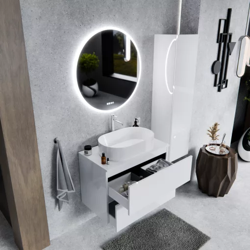 HD Zyra Pro Lacquer White 60 fali mosdószekrény, push-to-open mechanizmussal, fényes fehér mosdópulttal