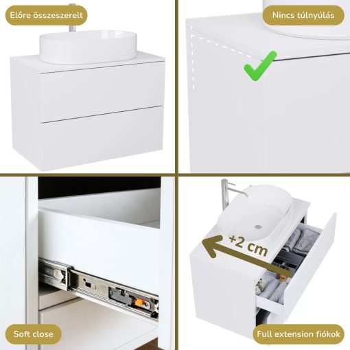 HD Zyra Pro Lacquer White 60 komplett fürdőszoba bútor fali push-to-open mosdószekrénnyel, fényes fehér mosdópulttal és tükörrel