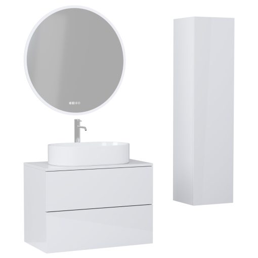 HD Zyra Pro Lacquer White 60 komplett fürdőszoba bútor szett fali push-to-open mosdószekrénnyel, fényes fehér mosdópulttal, tükörrel és magasszekrénnyel