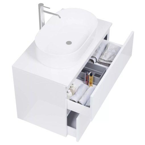 HD Zyra Pro Lacquer White 60 komplett fürdőszoba bútor szett fali push-to-open mosdószekrénnyel, fényes fehér mosdópulttal, tükörrel és magasszekrénnyel