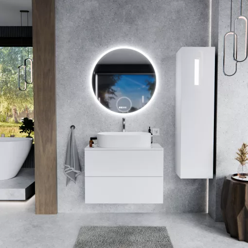 HD Zyra Pro Lacquer White 60 komplett fürdőszoba bútor szett fali push-to-open mosdószekrénnyel, fényes fehér mosdópulttal, tükörrel és magasszekrénnyel
