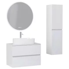   HD Zyra Lacquer White 60/80/100/120 komplett fürdőszoba bútor szett fali mosdószekrénnyel, fényes fehér mosdópulttal, tükörrel és magasszekrénnyel