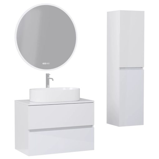 HD Zyra Lacquer White 60/80/100/120 komplett fürdőszoba bútor szett fali mosdószekrénnyel, fényes fehér mosdópulttal, tükörrel és magasszekrénnyel