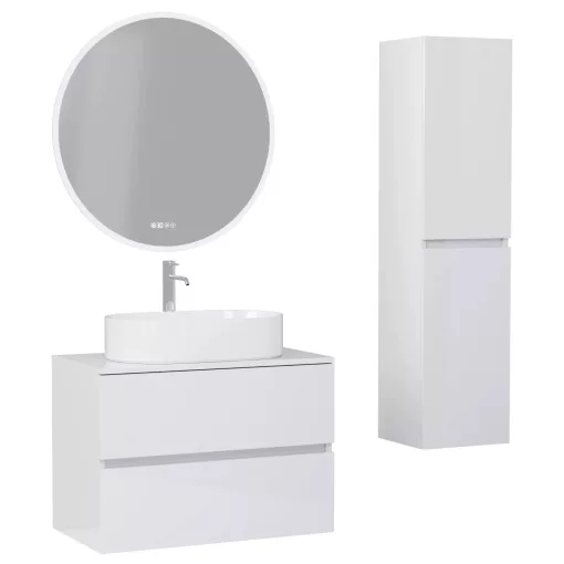 HD Zyra Lacquer White 60/80/100/120 komplett fürdőszoba bútor szett fali mosdószekrénnyel, fényes fehér mosdópulttal, tükörrel és magasszekrénnyel