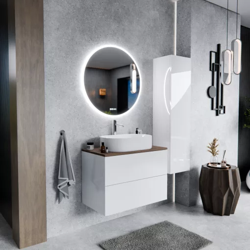 HD Zyra Pro Lacquer White 60 fali mosdószekrény, push-to-open mechanizmussal, tölgyfa színű mosdópulttal